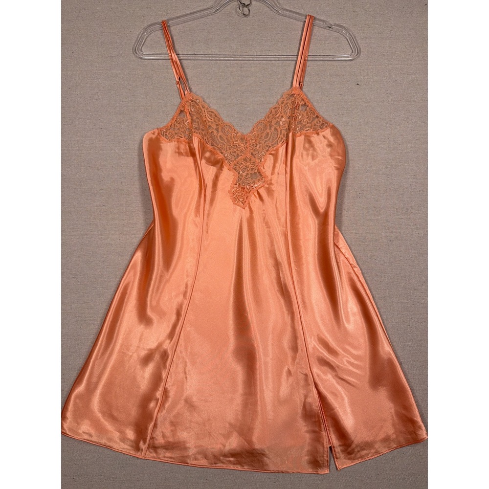 Victorias Secret Peach Orange Satin Lace Trim Slip Nightgown Size M